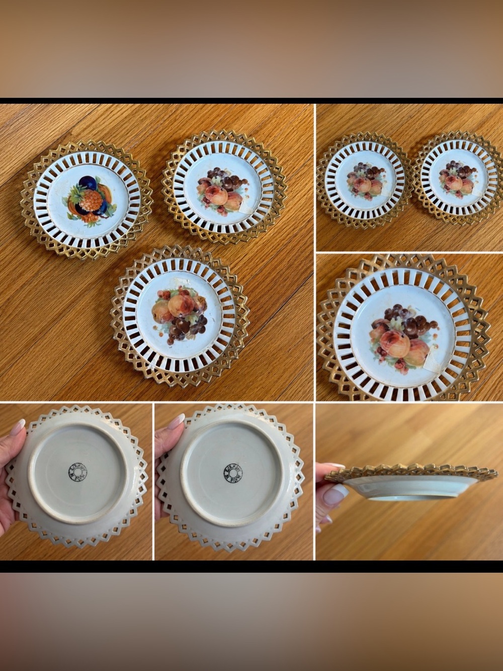 Vintage Germany Porcelain Fruit Lattice Gold Trim Dessert Plates Set of 3